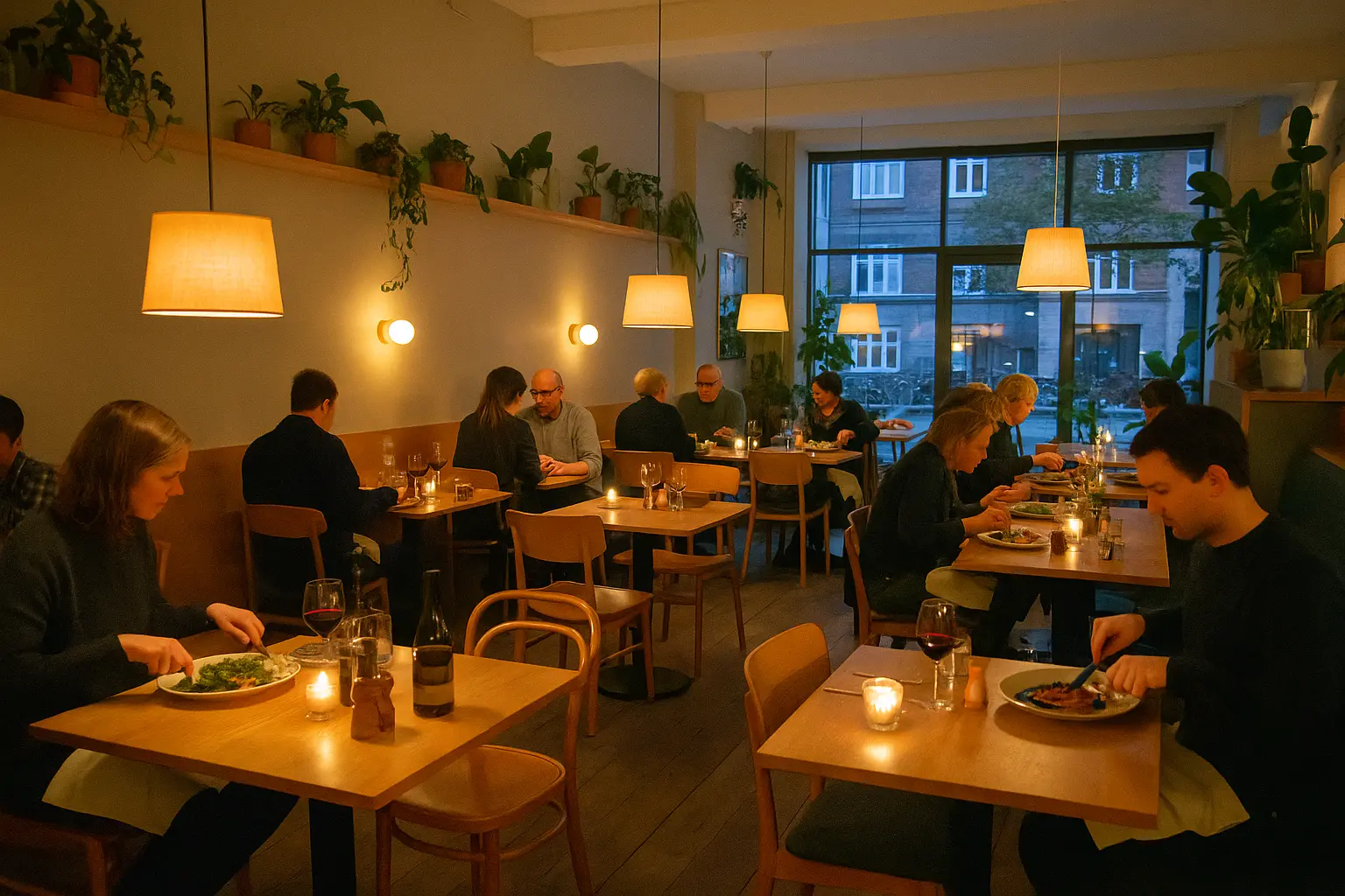 Hyggelig restaurant på Østerbro med gæster, der nyder mad og atmosfære.
