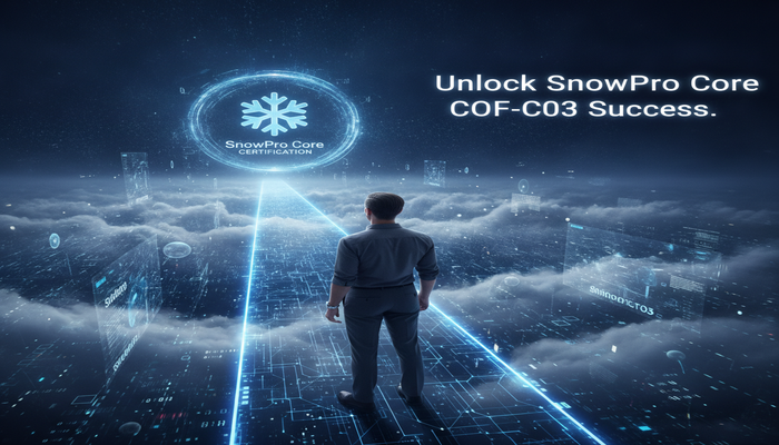 Unlock SnowPro Core COF-C03 Success A professional on a glowing digital path leading to a futuristic Snowflake SnowPro Core Certification emblem, surrounded by abstract cloud data and AI elements, symbolizing success with the COF-C03 exam.