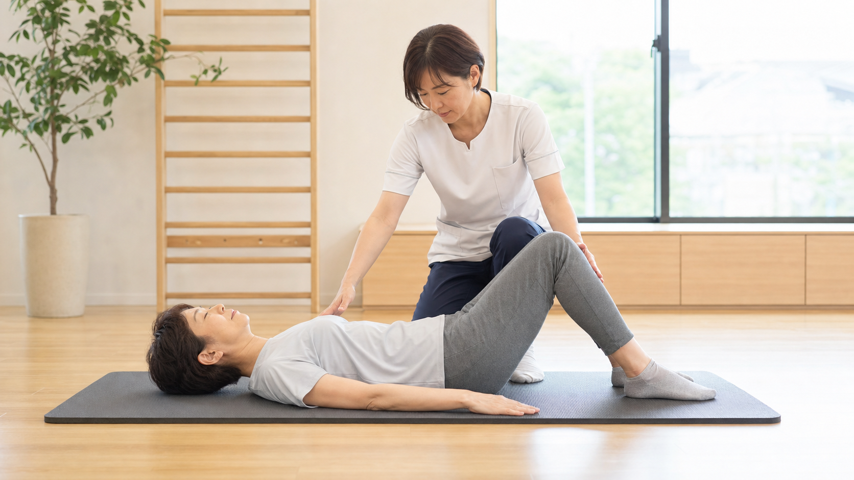療法士の見守りで行う脳卒中後のマットピラティス