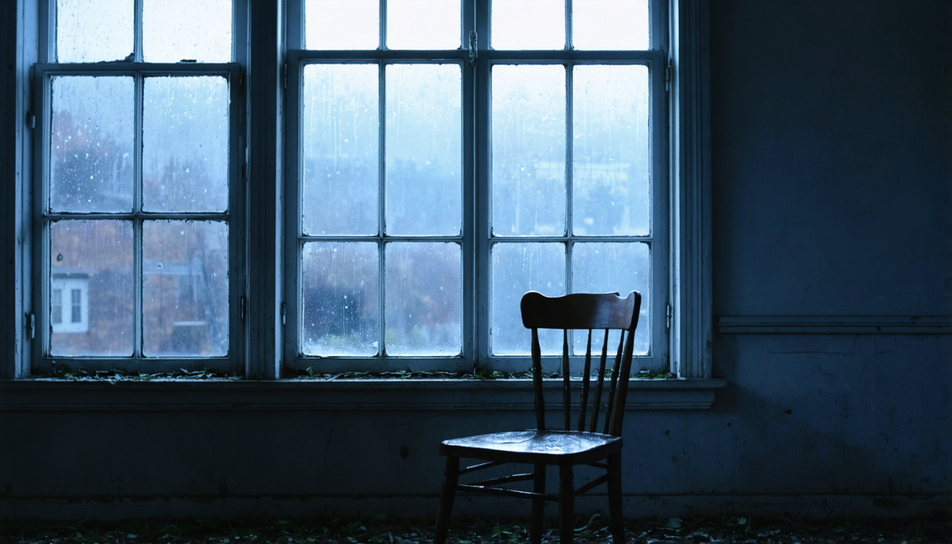 An empty chair nobly facing a window, heroically refusing to be sat in for eternity.