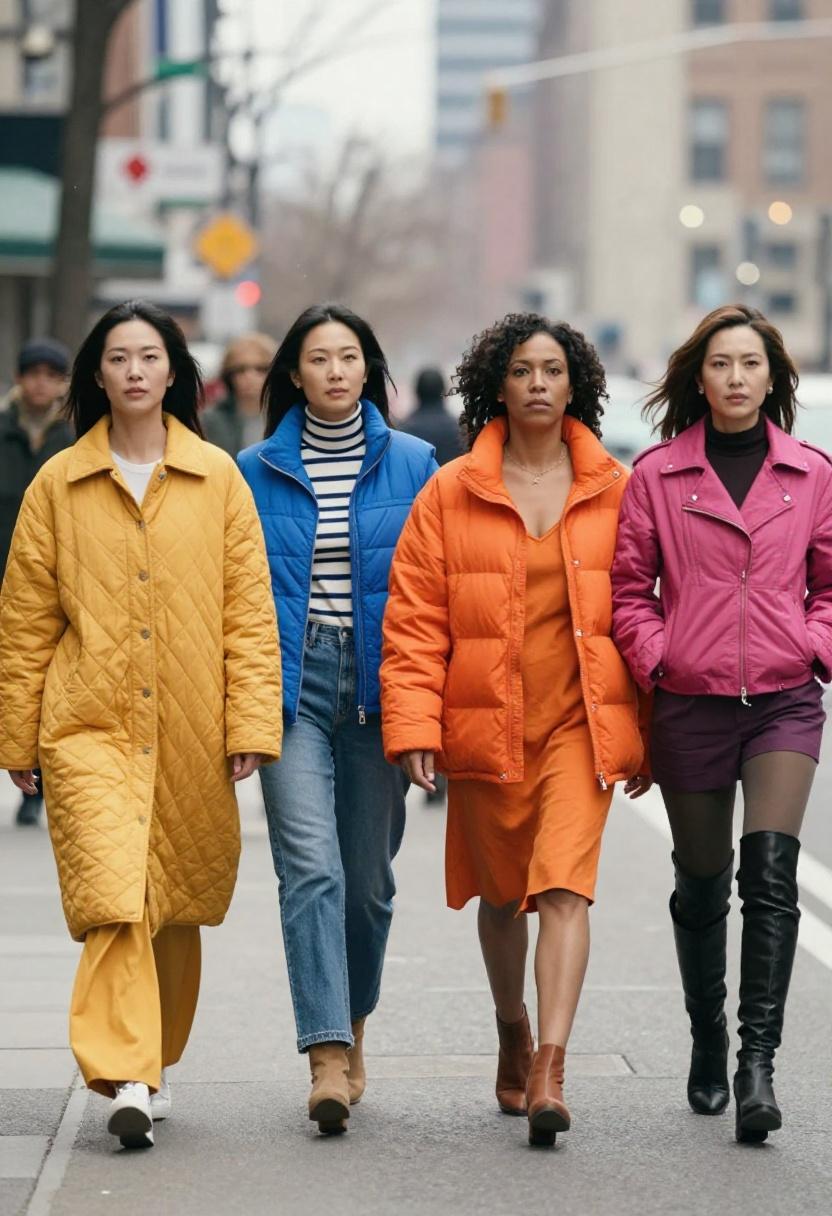 Four women in bold colored quilted jackets on an urban street in a powerful group style moment
