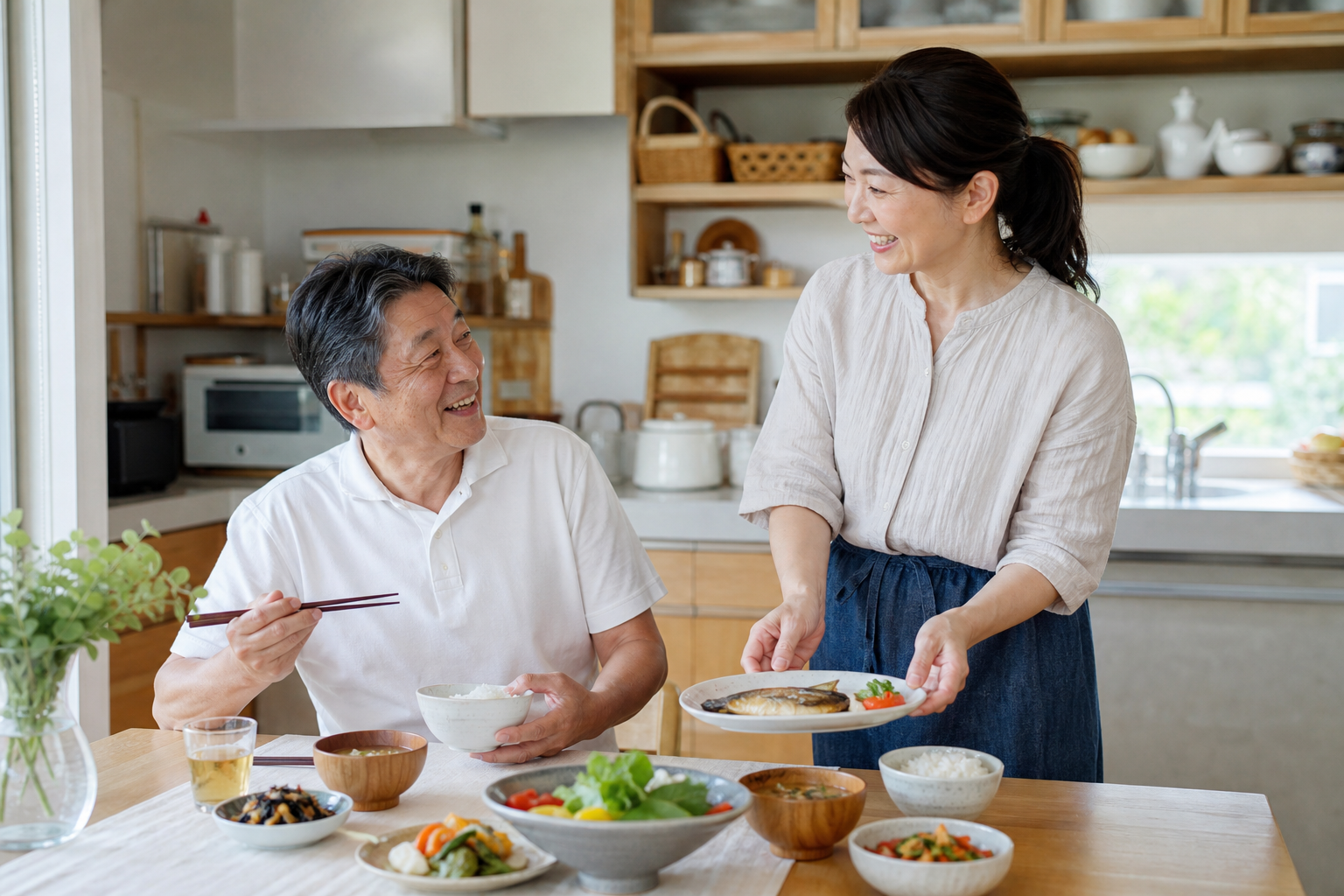 家族と一緒に日常の食事を整える高齢者