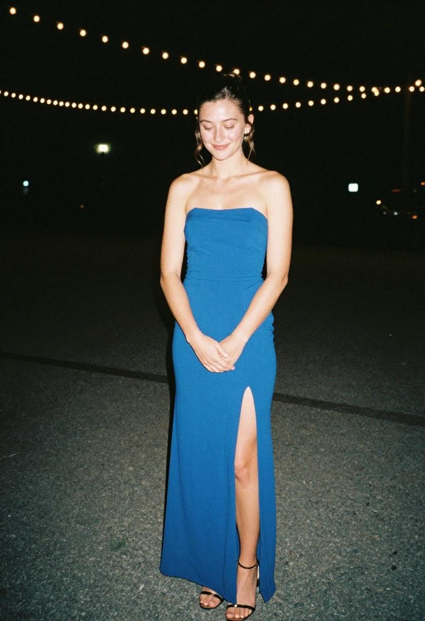 Arms raised in joy wearing emerald sequined wrap dress for solo prom moment
