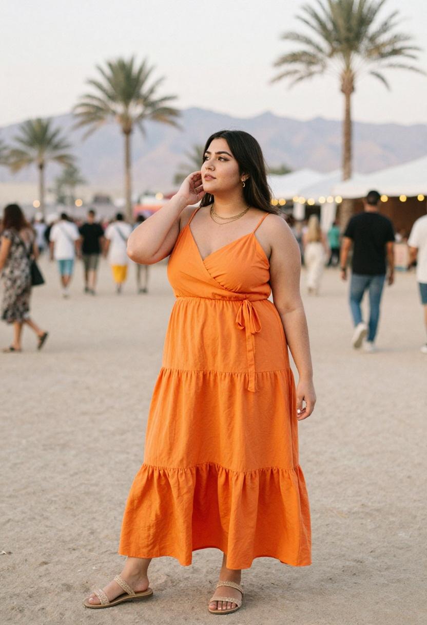 Plus-size woman in tangerine wrap dress with tiered ruffles capturing the desert festival spirit