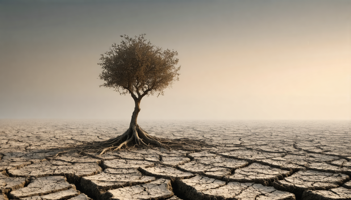A single weathered fig tree on bare ground at dawn, thin roots exposed, soft grey light, no people.