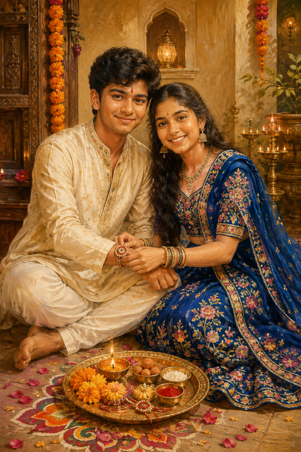 Bhai-Behen Traditional Festive Portrait – Indian Hand-Painted Art