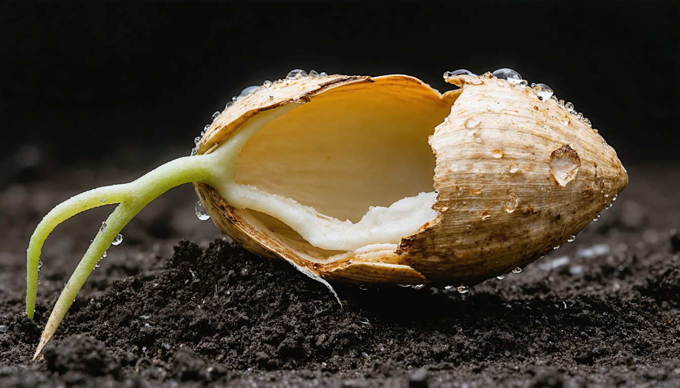 A cracked seed pod splitting open on dark soil, with a pale root emerging from the fracture.