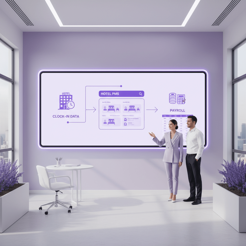 Seamless hotel PMS and payroll integration on a clean dashboard