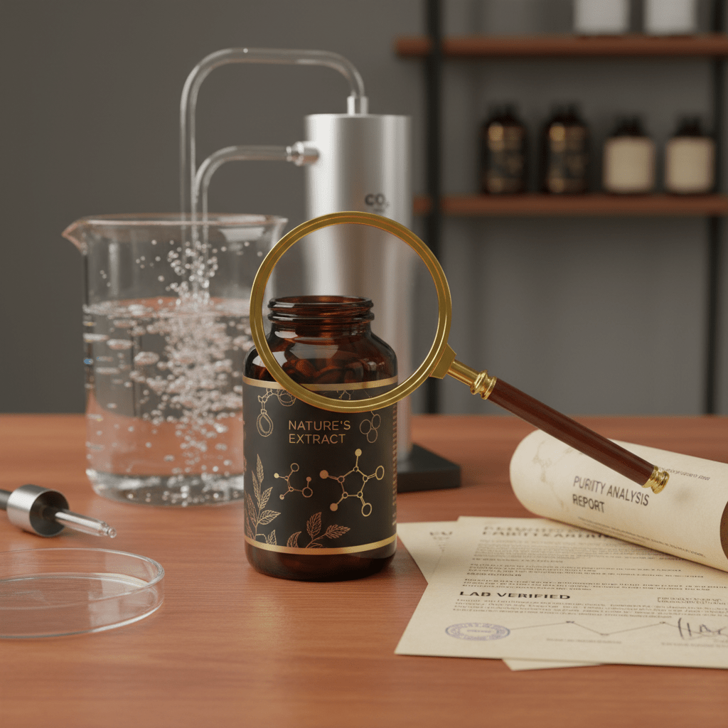 Supplement label inspection with magnifying glass and purity testing