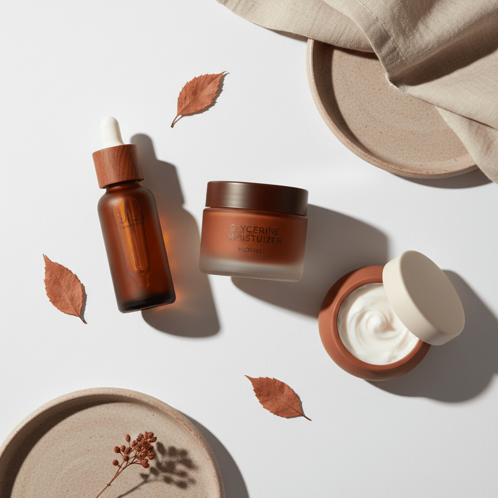 Glycerine moisturizer, hyaluronic acid serum, and ceramide cream on a clean vanity