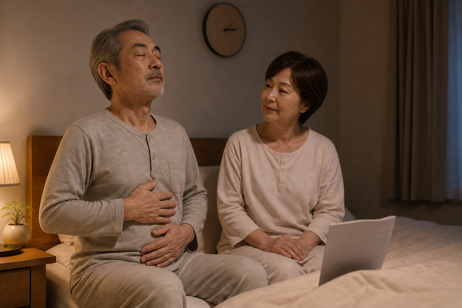 脳卒中後の方が家族と就寝前に穏やかな呼吸を整える場面