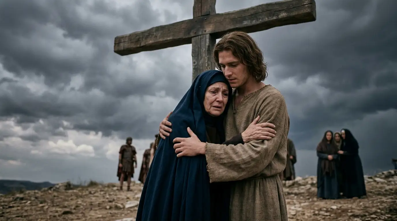 Juan consuela a la Virgen María: El discípulo amado al pie de la cruz de Jesús