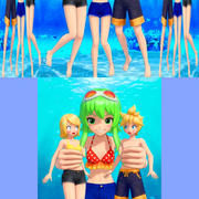 GUMI tickling Rin and Len with mirror GUMI squeezing Rin and Len