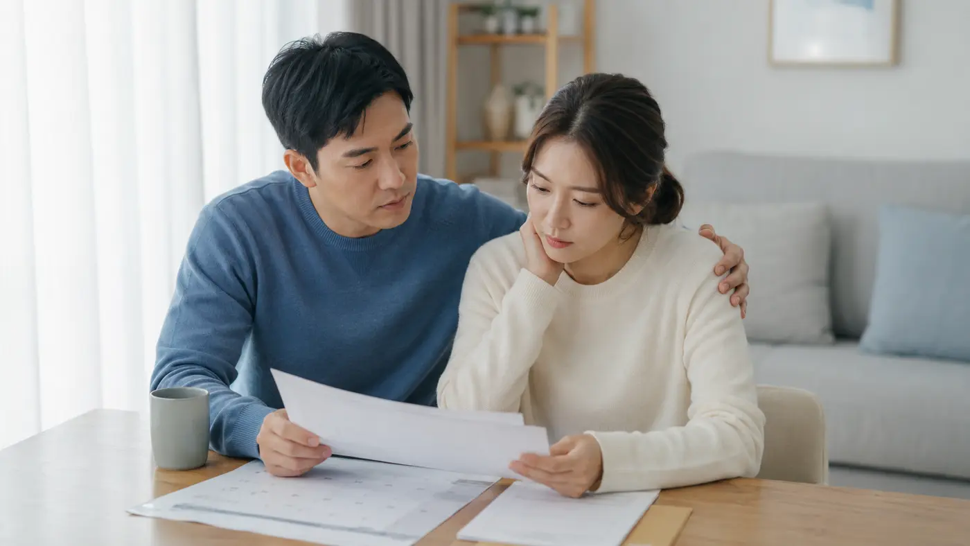 배우자 유산 사산휴가 신청 일정을 함께 확인하는 한국인 부부