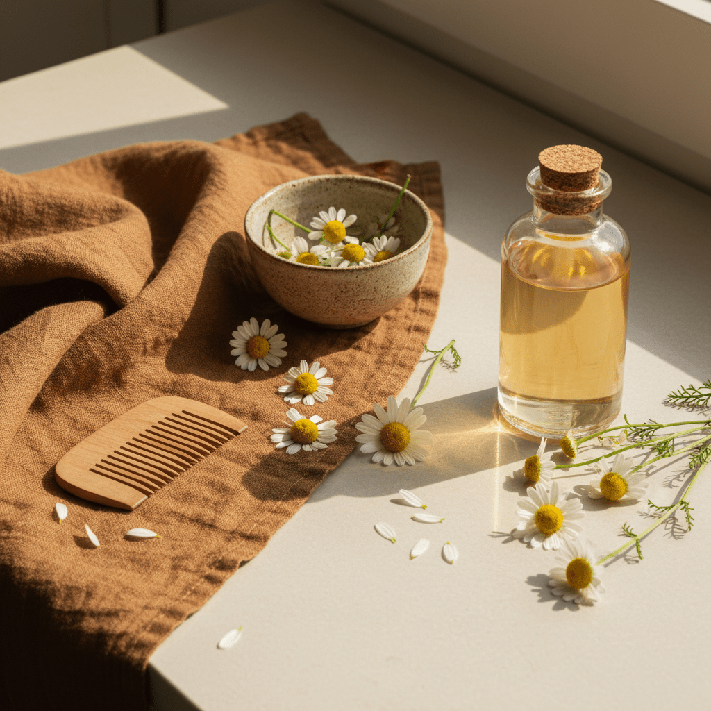 Calm wellness flat lay with chamomile hydrosol bottle and flowers
