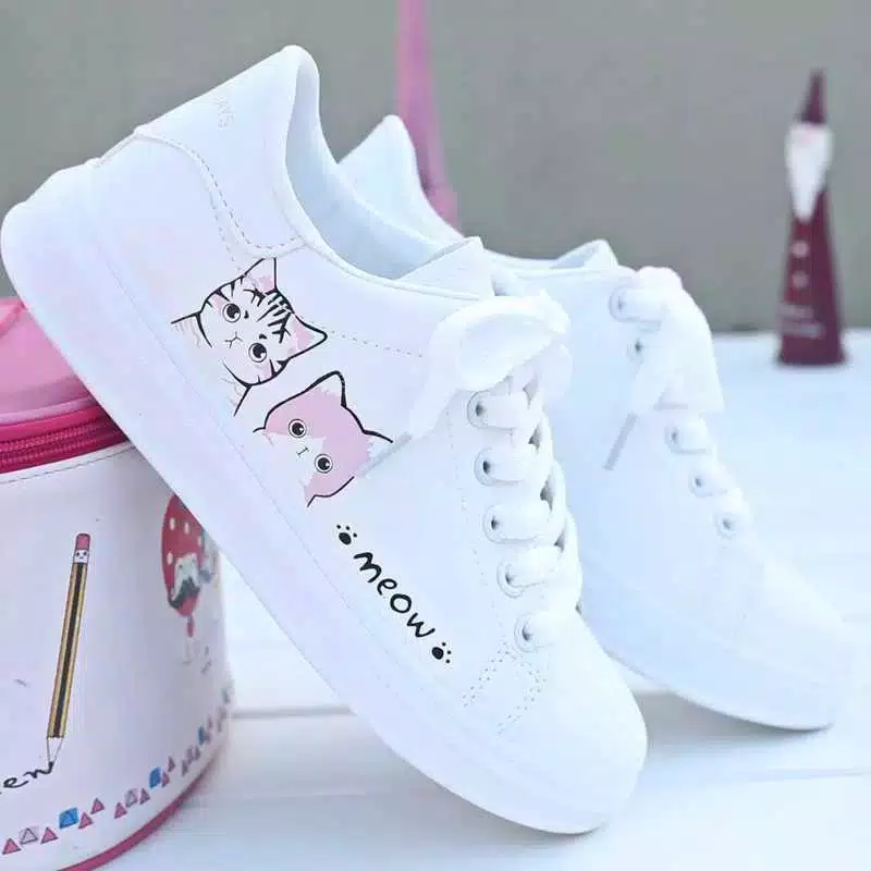 Sepatu Sneakers Casual Wanita Motif Kucing