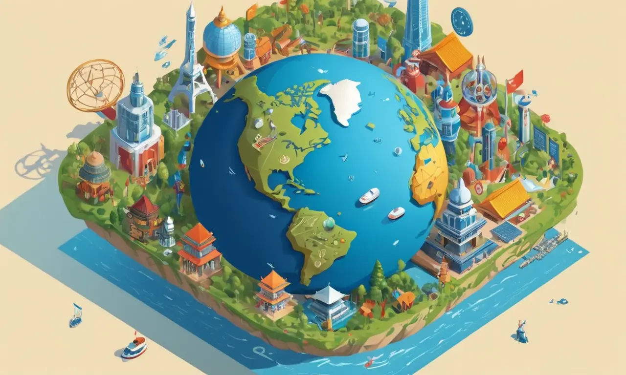 Un globo rodeado de símbolos de diversas culturas y tecnologías.