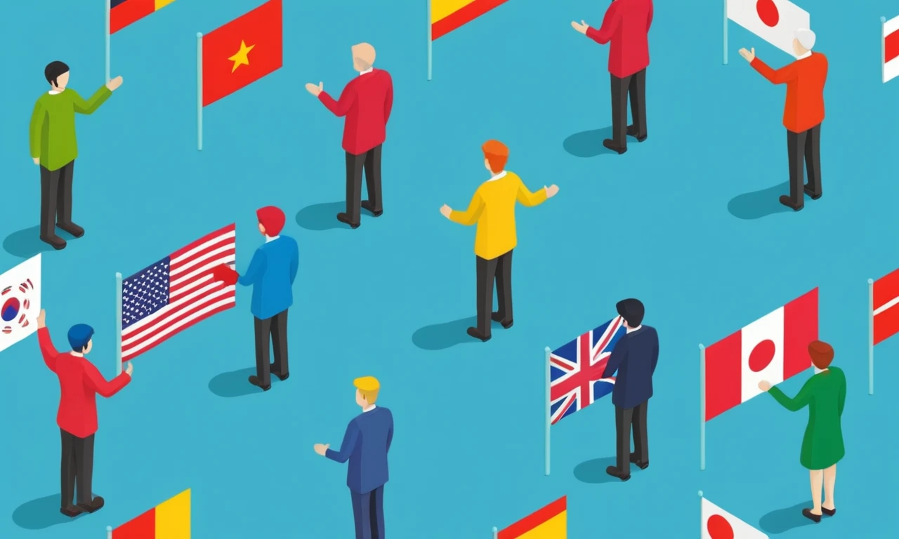 A person bridging two cultural icons (e.g., flags) with a handshake or hug.