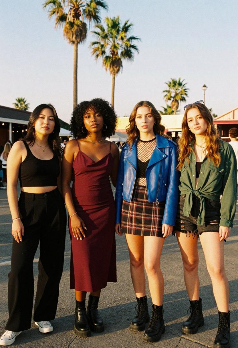 Indie music fans in bold jewel tones and alternative layering at an outdoor concert venue