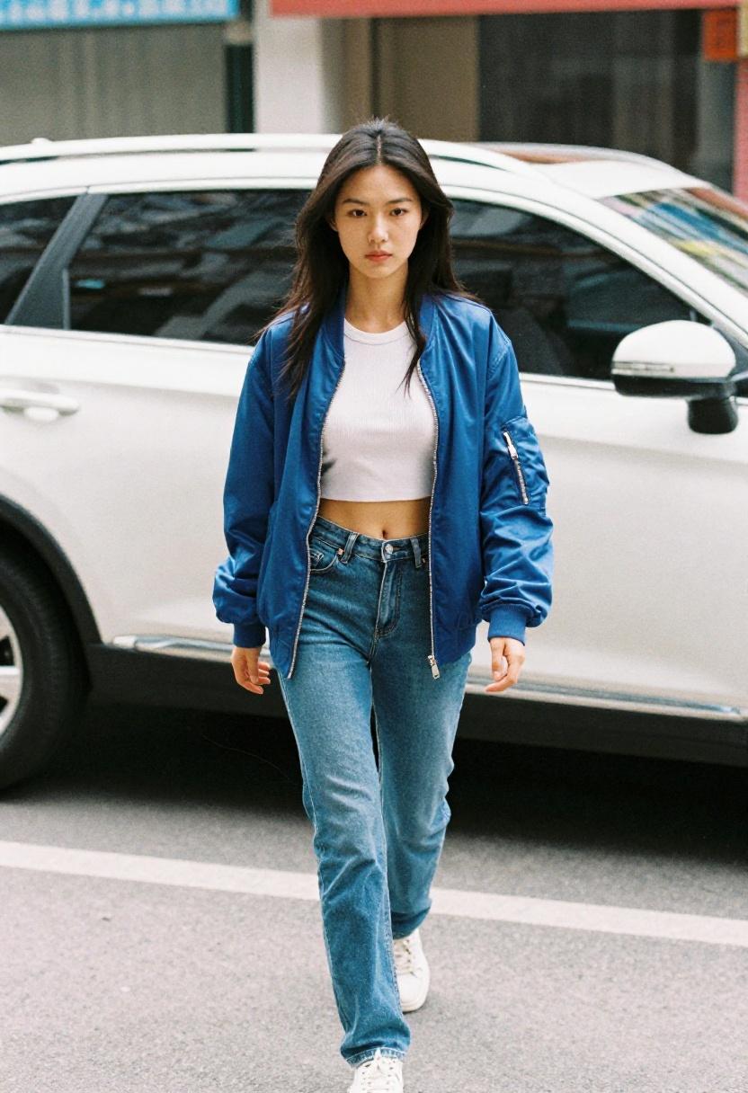 Cobalt blue satin bomber with stone-wash jeans and white sneakers for urban street style