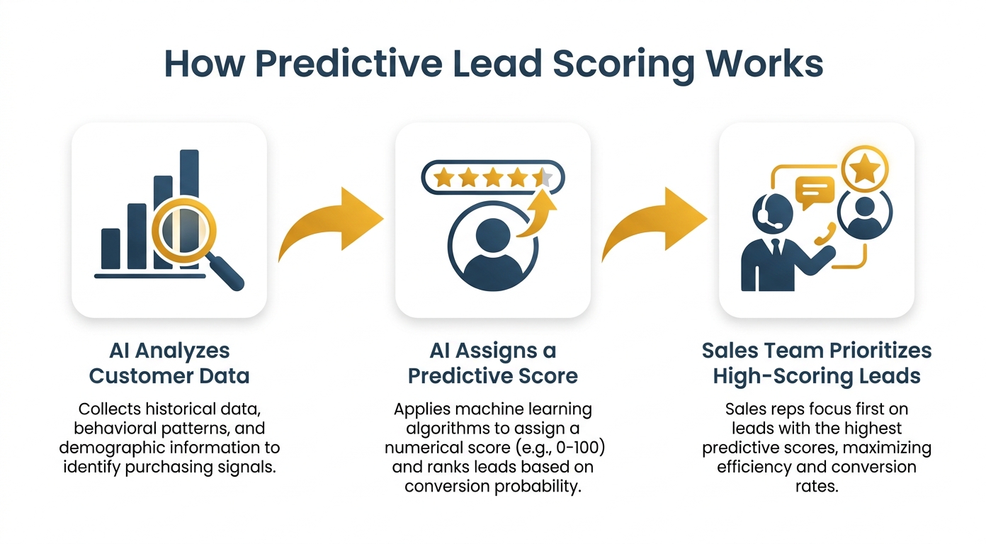 Flowchart showing how predictive lead scoring works in three steps: AI analyzes data, assigns a score, and the sales team prioritizes high-scoring leads.