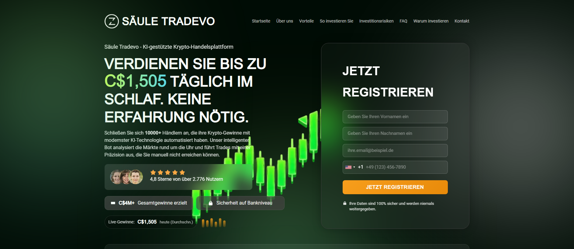 Forensic screenshot of sauletradevotrade.de showing the phishing page layout