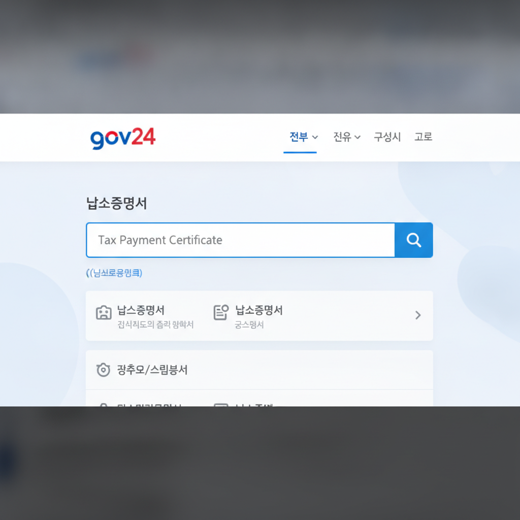 정부24 웹사이트 메인 화면에서 중앙 검색창에 납세증명서를 검색하고 민원 신청 버튼을 클릭하는 상세 안내 화면