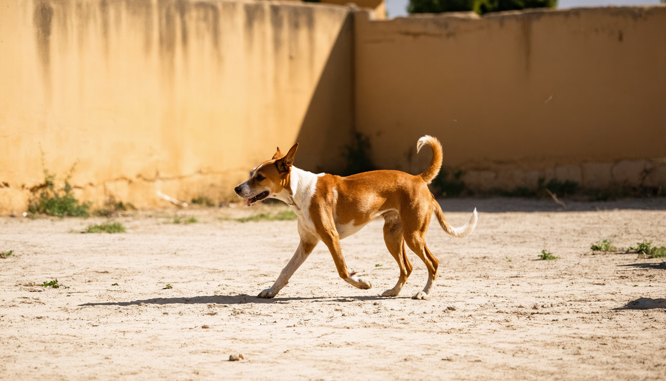 A lean stray dog trotting alone across an empty sunlit dirt lot at midday, dust rising, no people present.