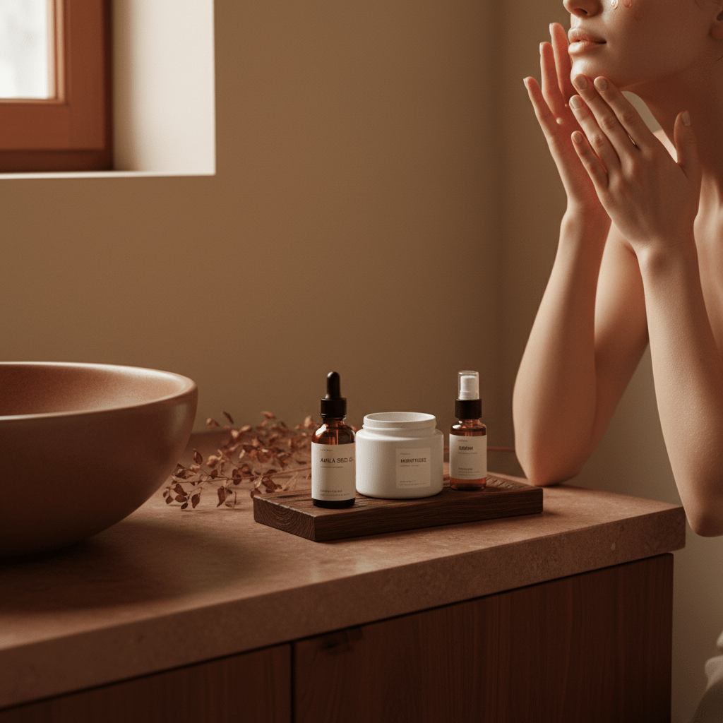Amla seed oil being applied in a nighttime skincare routine beside serum and moisturizer