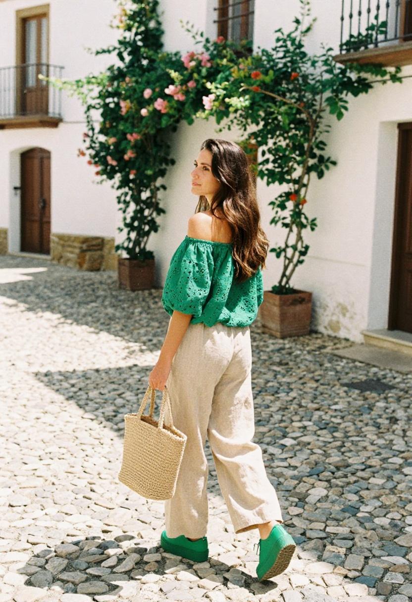 Emerald green platform sneakers with a breezy off-shoulder blouse on charming cobblestone streets