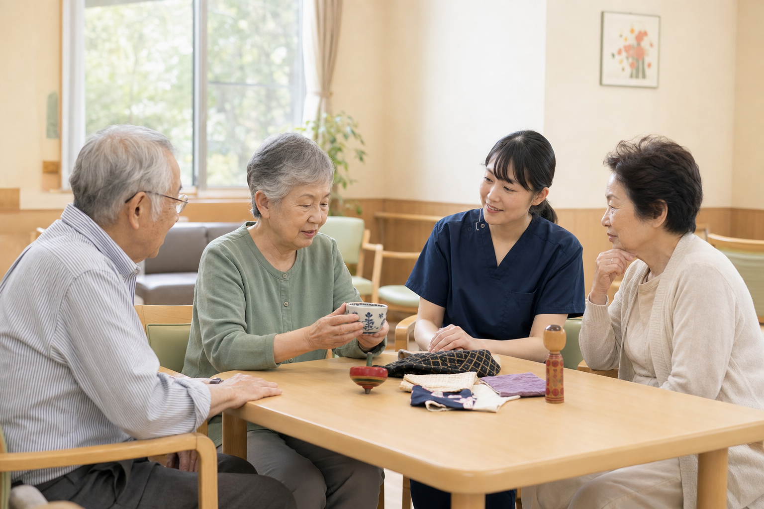 専門職と少人数でなじみの品を囲む回想法の場面