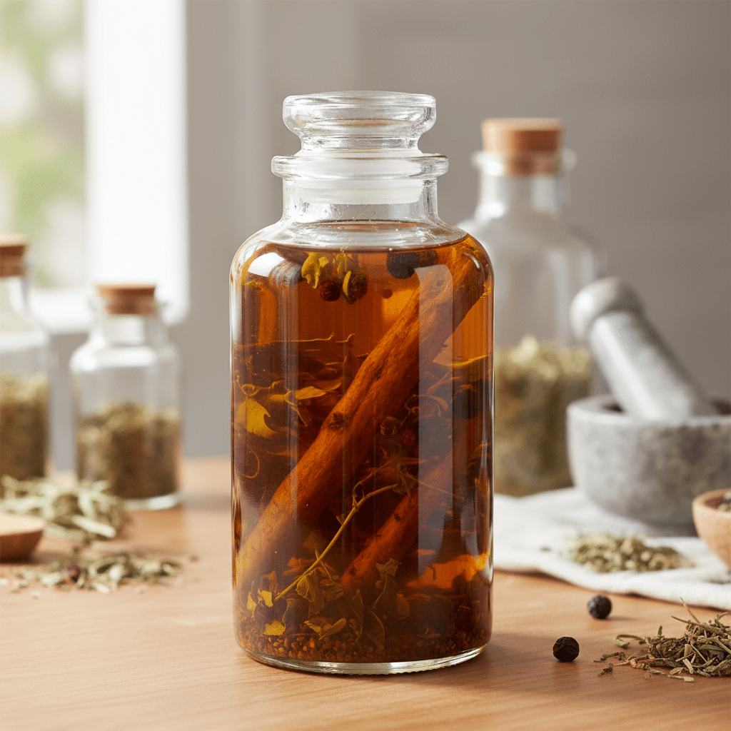 Ashwagandha root infusion in carrier oil in a clean apothecary setting