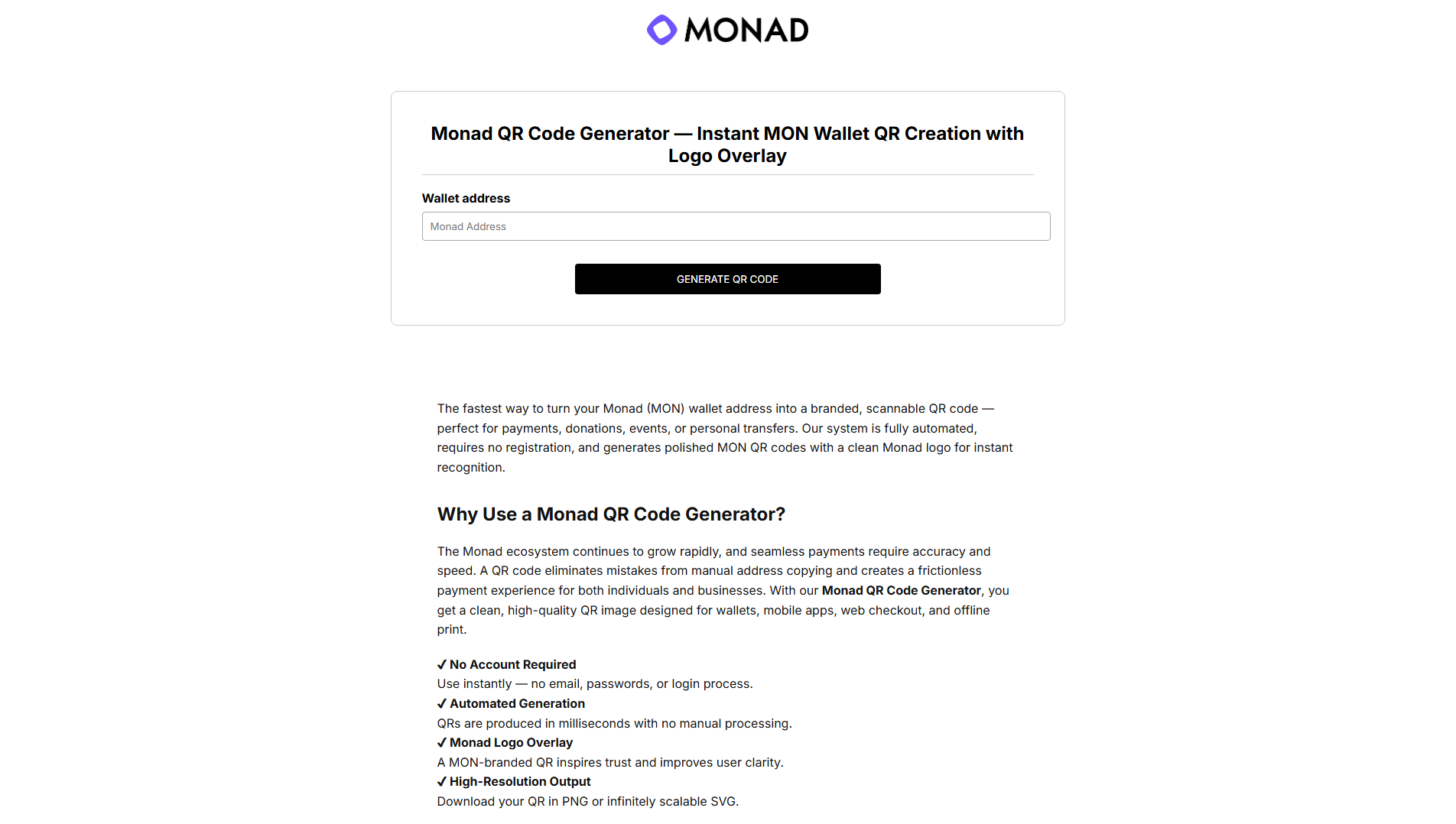 Screenshot of monad-qr-code-generator.com