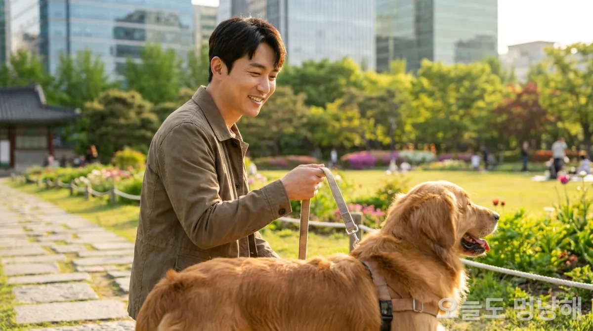30대 한국인이 반려견과 함께 공원을 산책하는 모습, 따뜻한 오후 햇살 아래