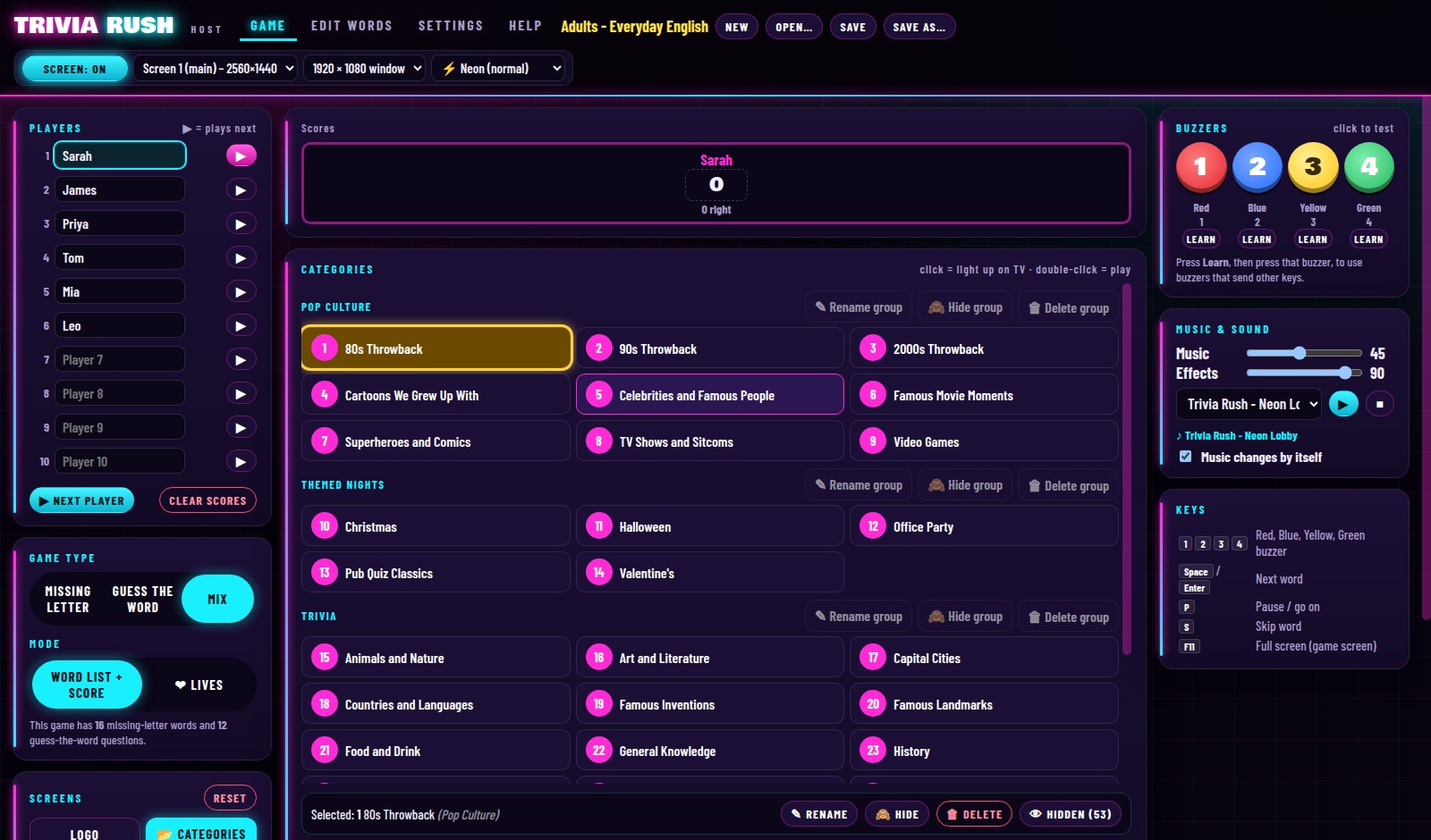 Host Screen — Categories