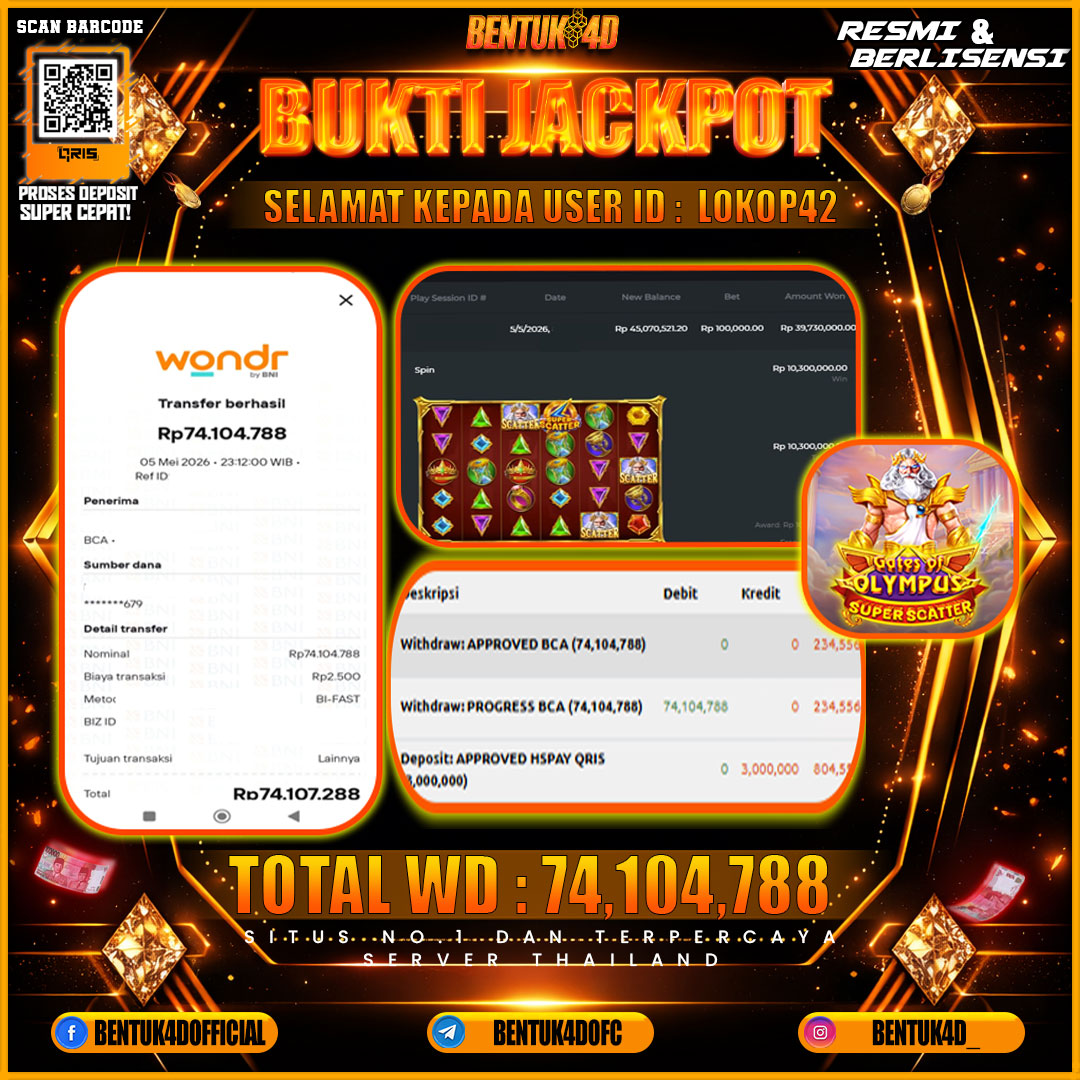 SELAMAT KEPADA USER ID : LOKOP42 KEMENANGAN Rp 74,104,788 (GATES OF OLYMPUS SUPER SCATTER) DI BENTUK4D