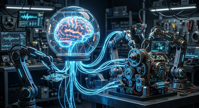 Automazioni AI: guida completa e pratica all’automazione intelligente in azienda 2 Una rappresentazione fotorealistica di un cervello luminoso collegato a bracci robotici che assemblano una macchina complessa, a simboleggiare l'integrazione tra intelligenza artificiale e automazione.