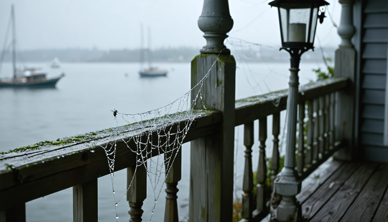 A dew-laden spider web strung between a weathered porch rail and a lamp at dawn, backlit by soft grey fog.