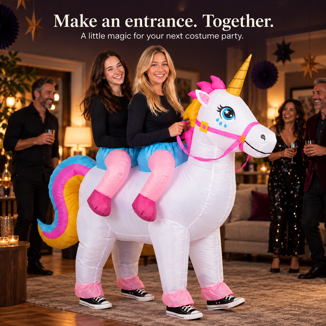 Two friends making a party entrance in one inflatable unicorn costume