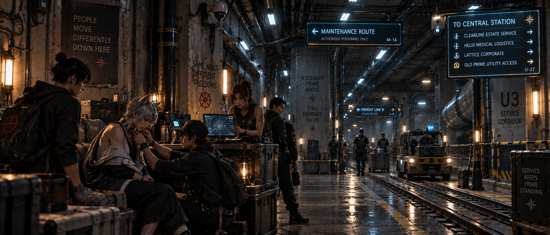Glassbreaker couriers performing a covert handoff and tracker removal inside an active Aurelo Prime maintenance corridor.