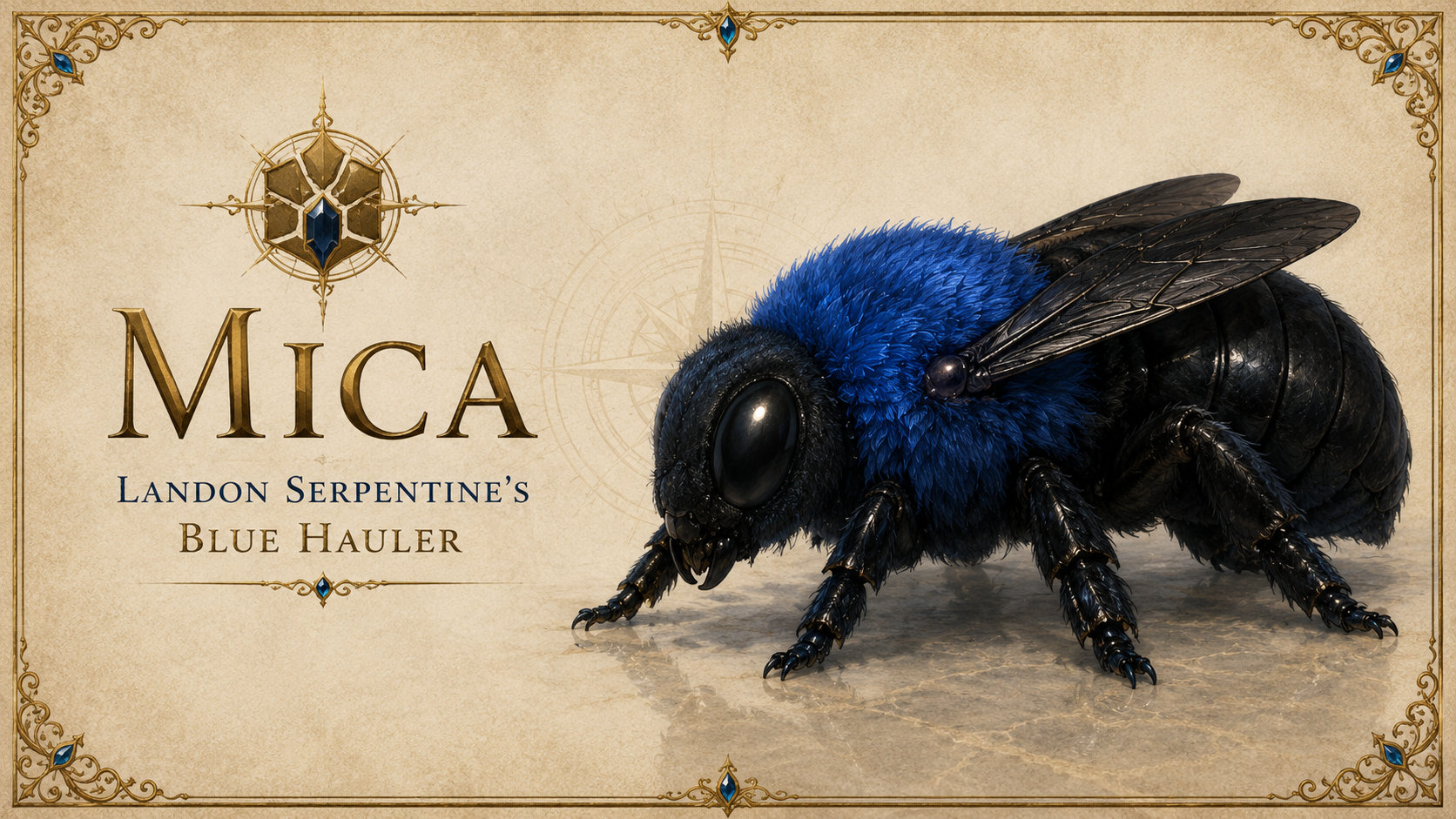 Mica, Landon Serpentine's blue hauler and cerulean carpenter bee guest friend.