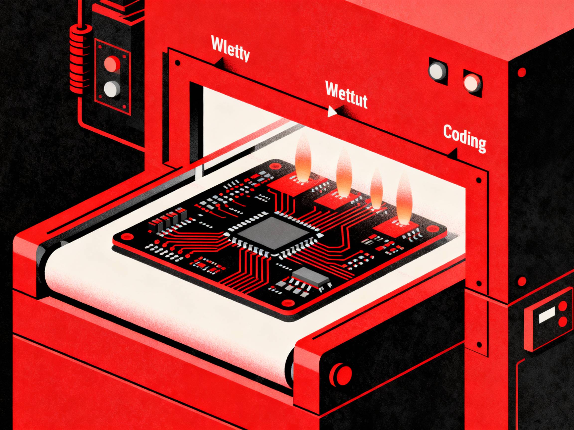 A PCB entering a reflow oven, showing stages of heating, melting, and cooling.