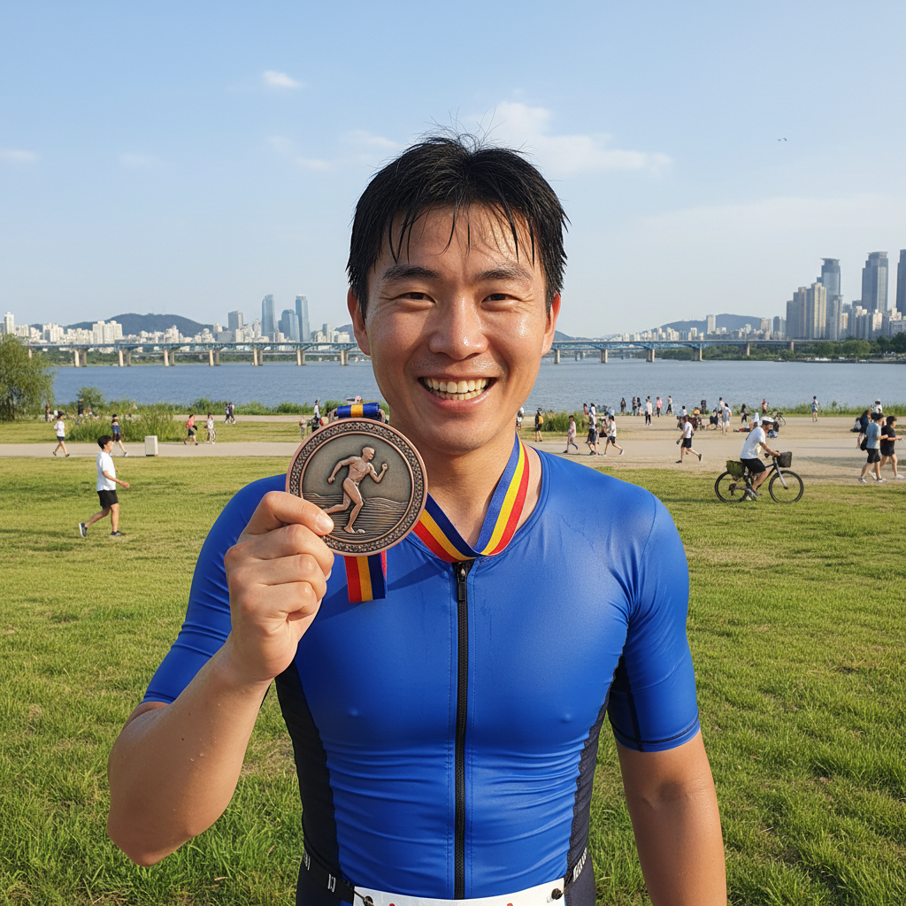 쉬엄쉬엄 한강3종축제 메달을 들고 밝게 웃고 있는 참가자의 모습