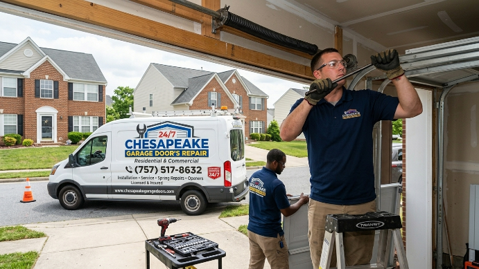 Garage door repair worker servicing a residential garage door