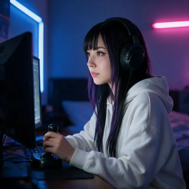 wearing a white hoodie and wearing a gamer headset, sitting at a computer desk in a dim bedroom, with blue and pink neon lights in the background, holding a joystick in one hand, concentrated look at screen, view from side
