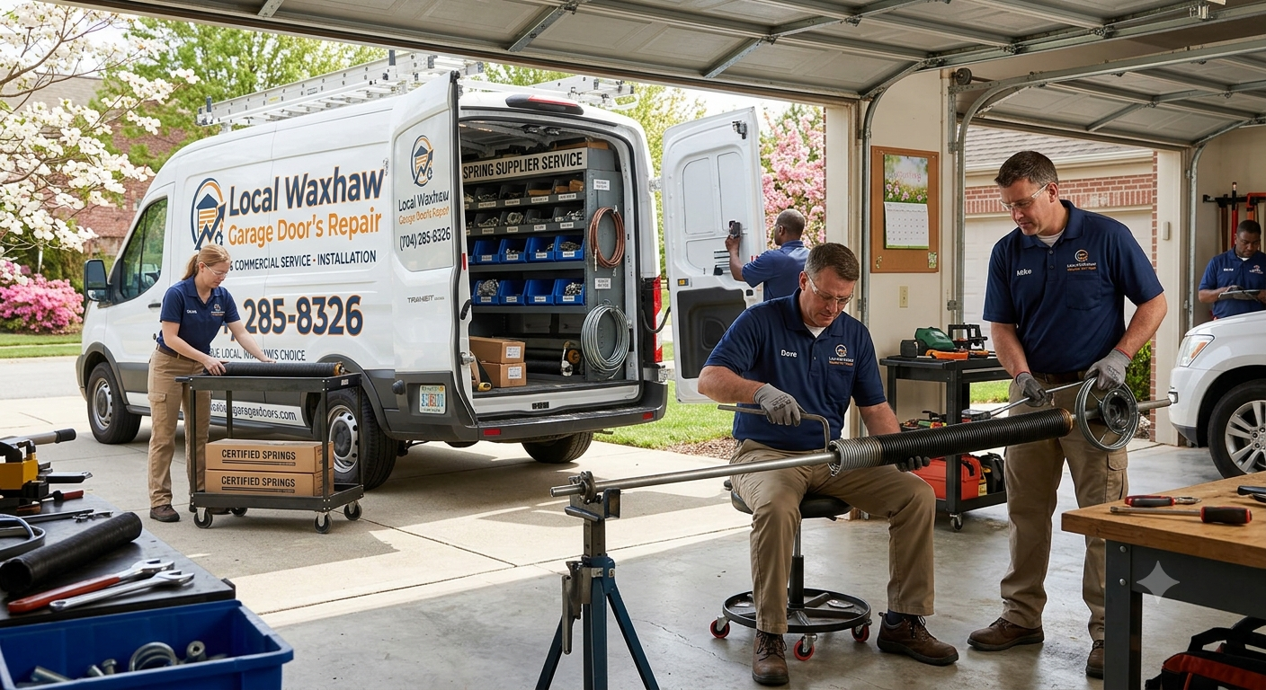 Garage door repair technician replacing a torsion spring in Waxhaw NC