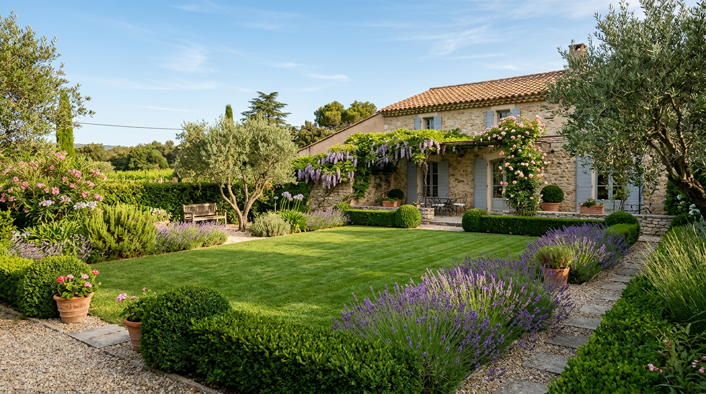 Jardin méditerranéen parfaitement entretenu à Montpellier — pelouse luxuriante et haies taillées