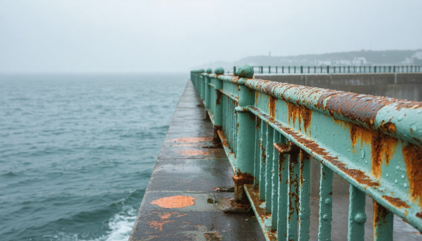 A weathered iron railing on a seawall with patches of rust showing orange through chipped green paint, ocean mist visible in the background.