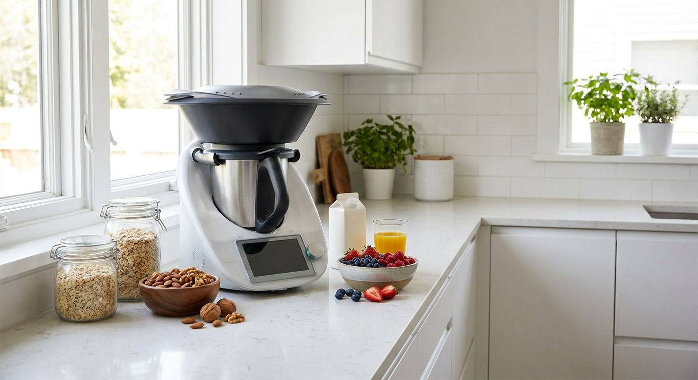 Nowoczesny thermomix w kuchni zdrowe sniadanie.