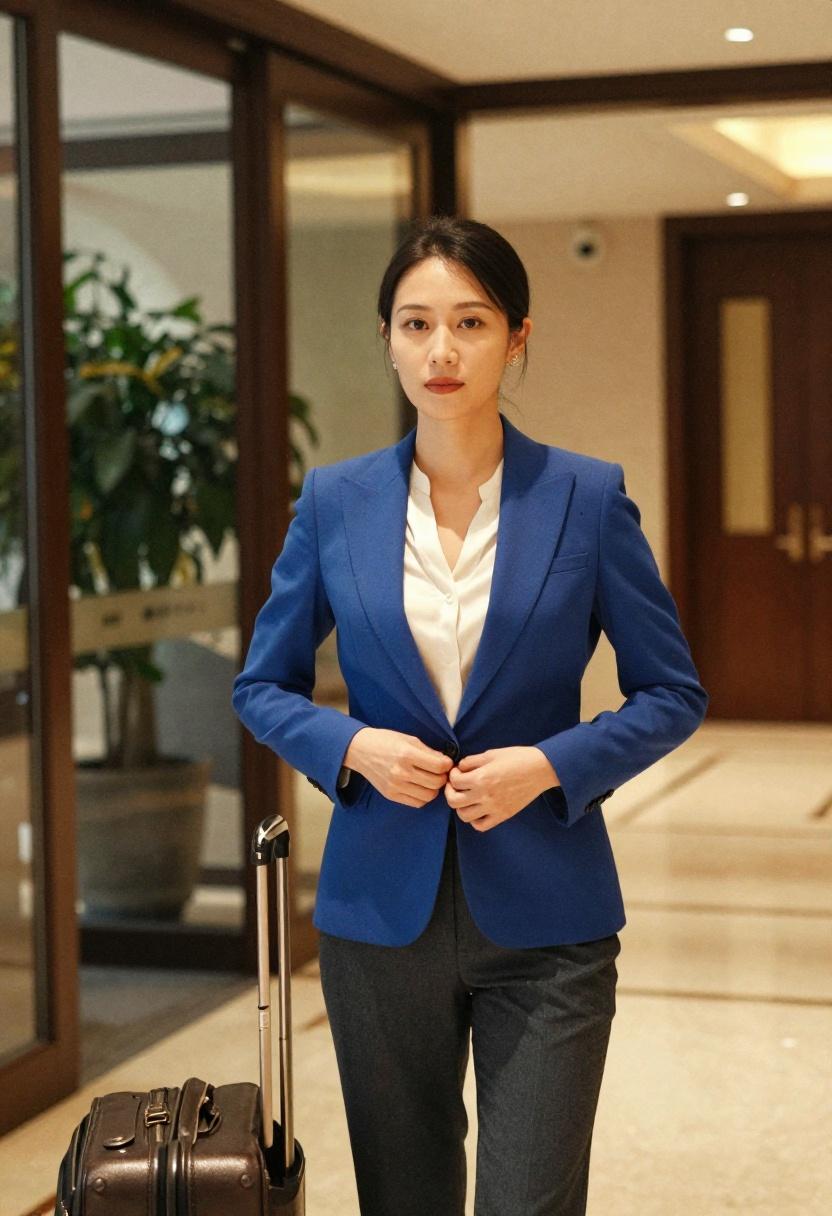 Cobalt blue blazer and tailored trousers in business travel lobby